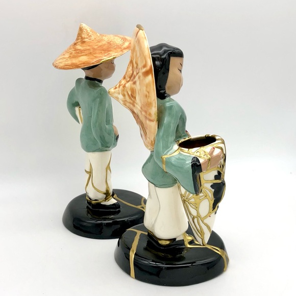 Vilas Asian Statuette Pair Kintsugi Repaired Gold Crack Art Growth Gift MCM - Picture 11 of 16